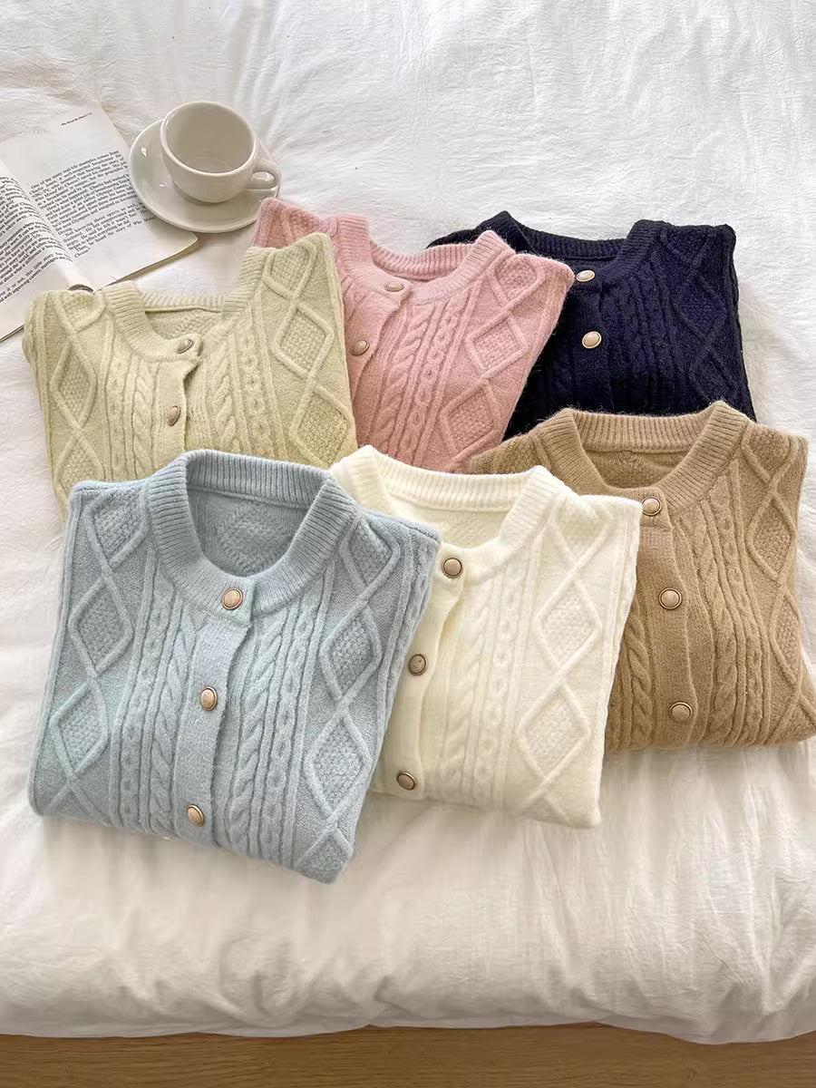 Round Neck Cable Knit Cardigan (9 Colors)