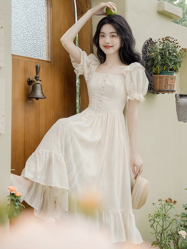Lace Broderie Midi Dress (Cream)