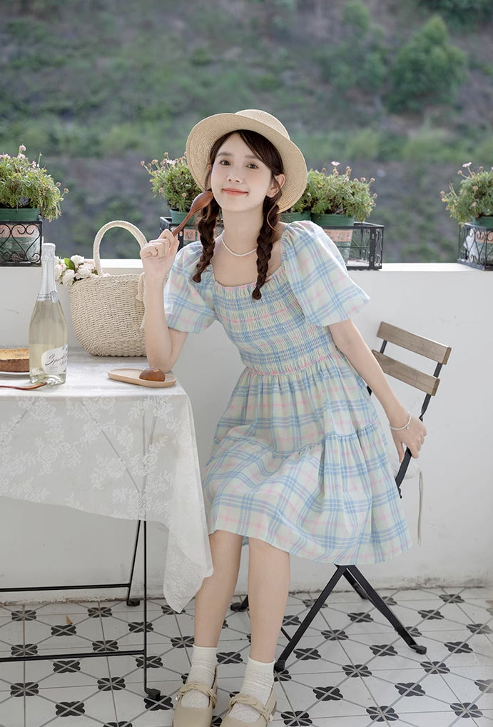 Sorbet Plaid Puff Sleeve Dress (Blue/Green)
