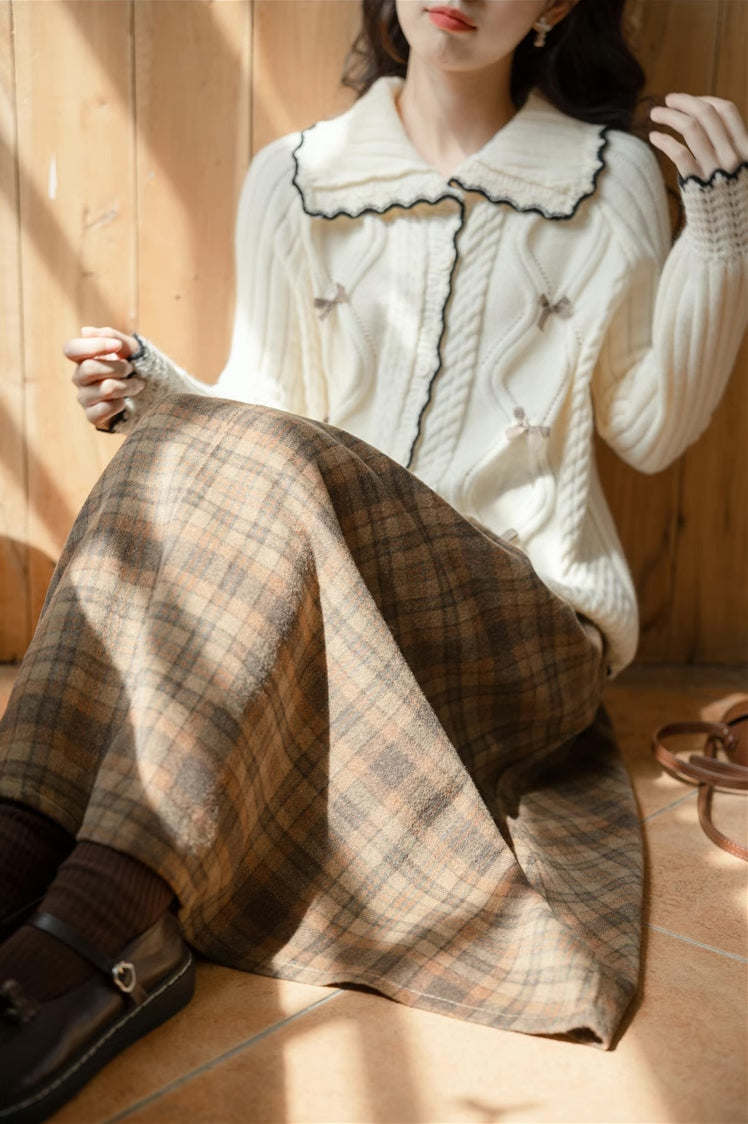 Rustic Plaid Midi Skirt (Khaki/Orange)
