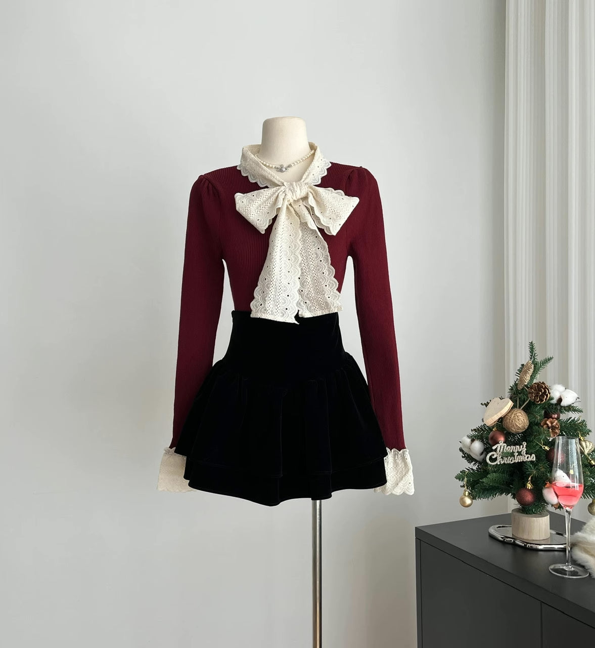 Lace Trim Tie Neck Sweater (4 Colors)