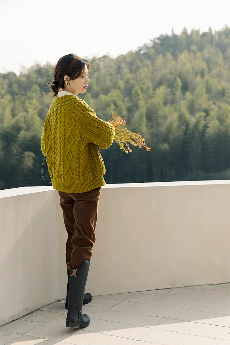Shawl Collar Cable Knit Cardigan (Chartreuse)