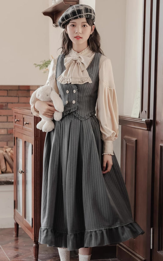 Victoria Stripe Midi Skirt (Gray)