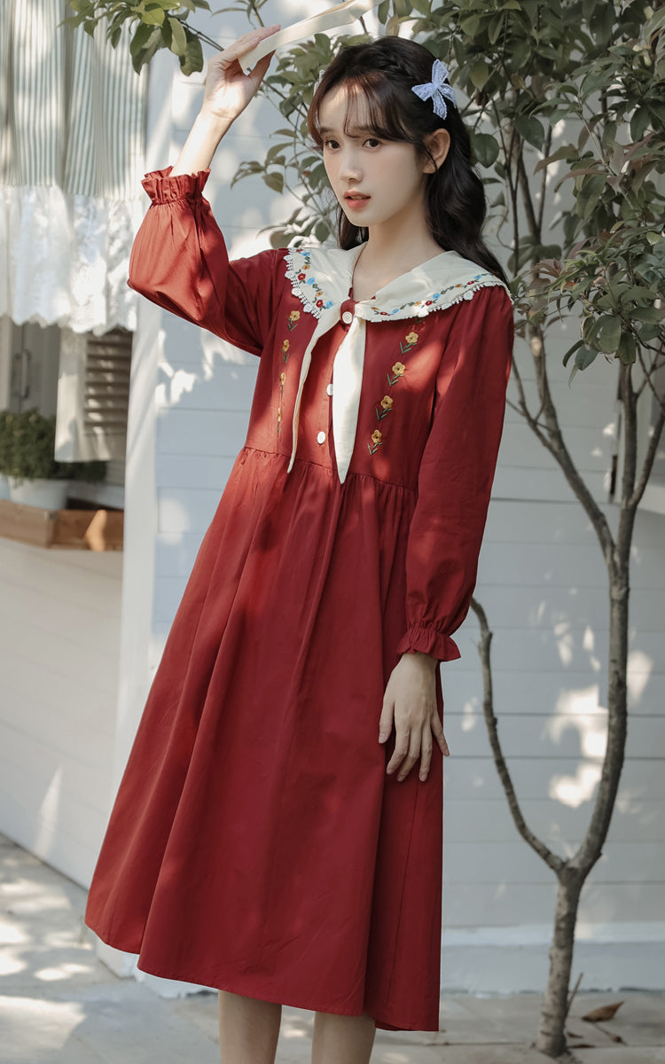 Floral Embroidered Sailor Midi Dress (Red)