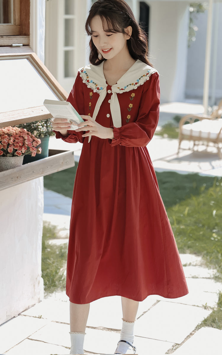 Floral Embroidered Sailor Midi Dress (Red)