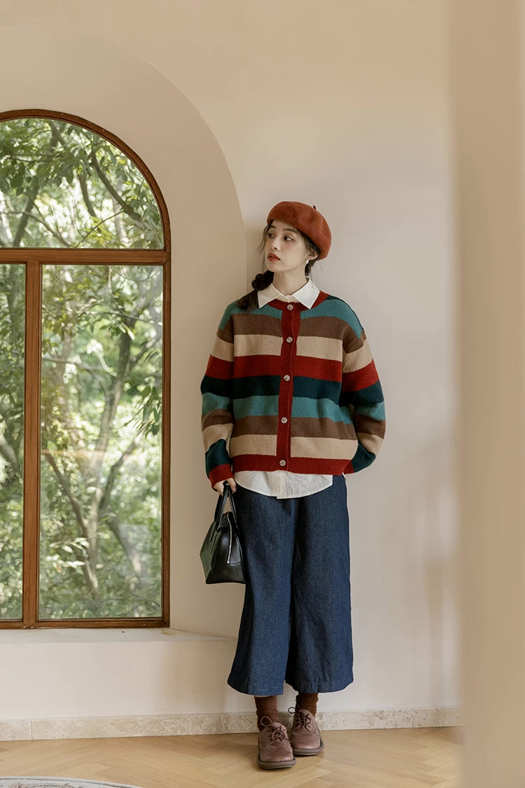 Cozy Stripe Cardigan (Maroon/Teal)