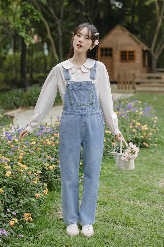 Retro Floral Embroidered Denim Overalls (Medium Blue)