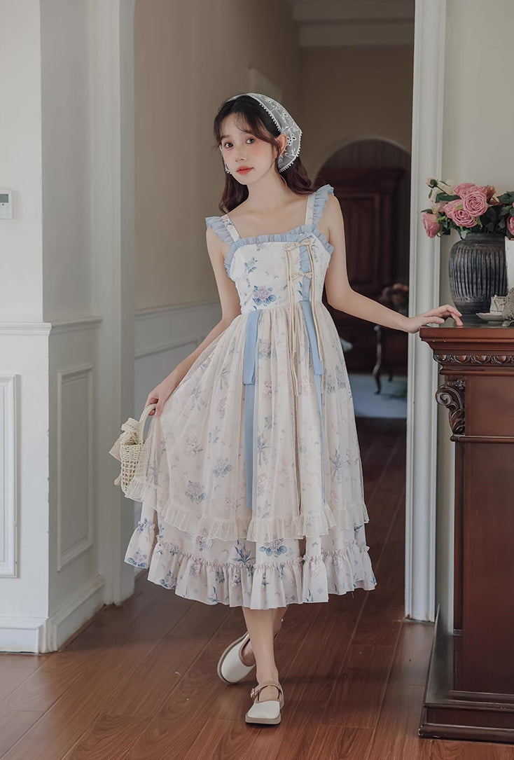Flutter Cami Tiered Midi Dress (White/Blue)