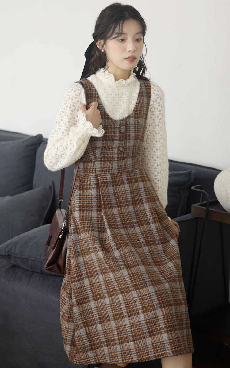 Sunset Plaid Pinafore Midi Dress (Brown)