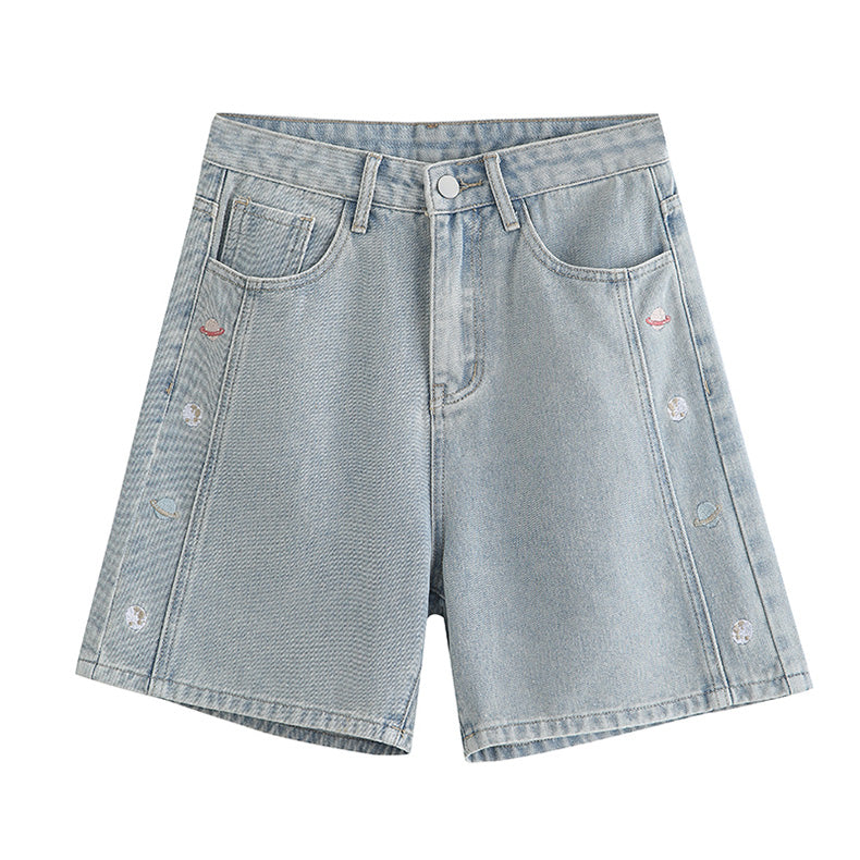 Saturn Embroidered Shorts (Light Denim)