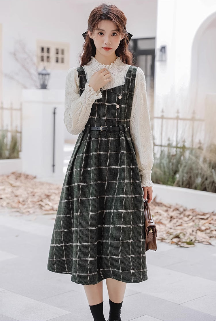 Plaid Pinafore Twofer Midi Dress (Green)