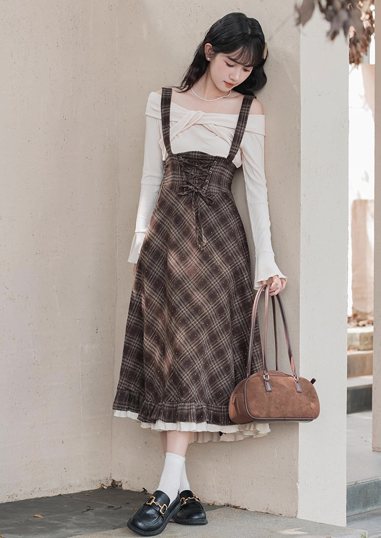 Snowy Plaid Twofer Suspender Midi Dress (Cream/Brown) L Snowy Plaid Twofer Suspender Midi Dress (Cream/Brown) L