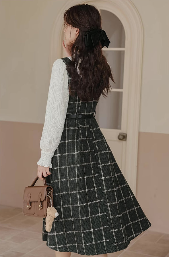 Plaid Pinafore Twofer Midi Dress (Green)