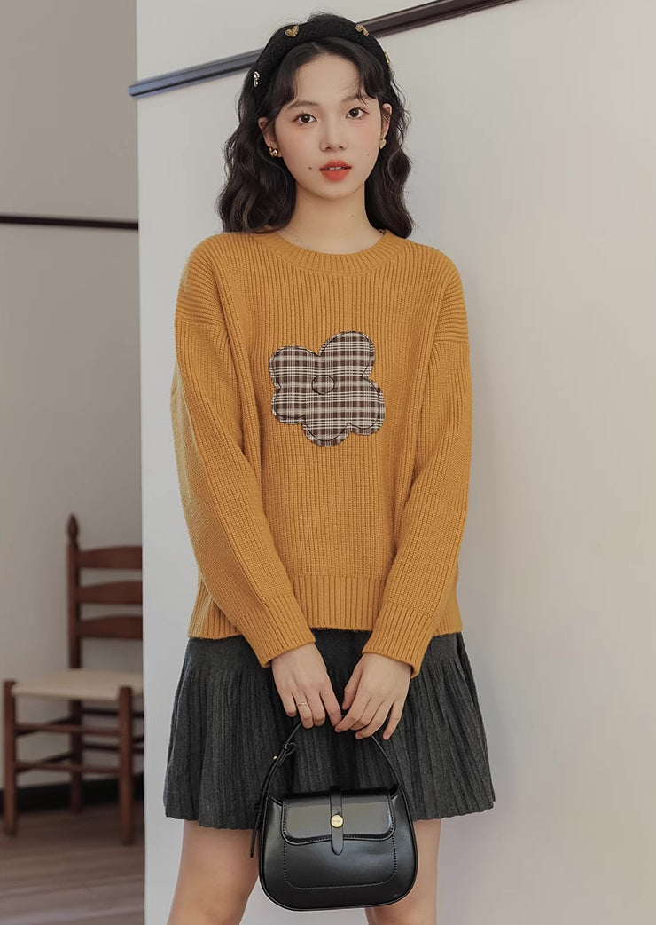 Plaid Flower Sweater (Mustard)