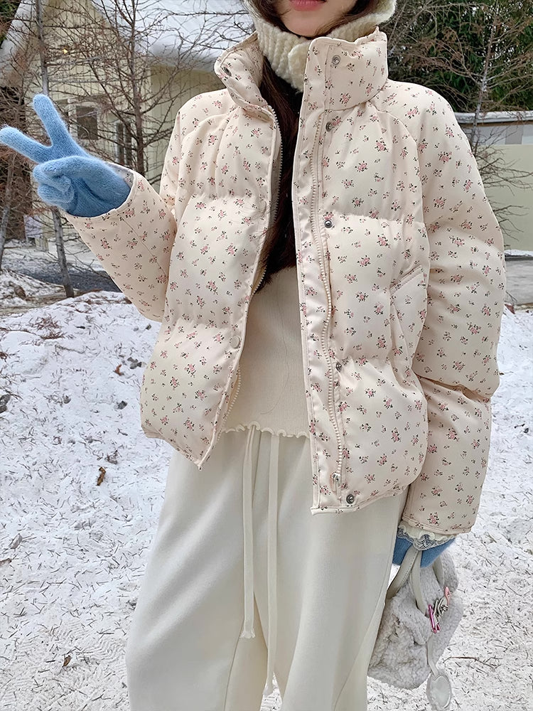 Ditsy Floral Puffer Jacket (Cream/Pink)