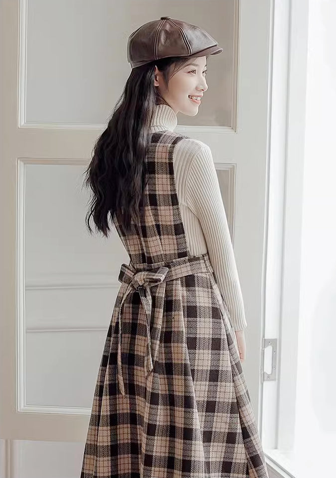 Academia Plaid Pinafore Dress (Khaki)