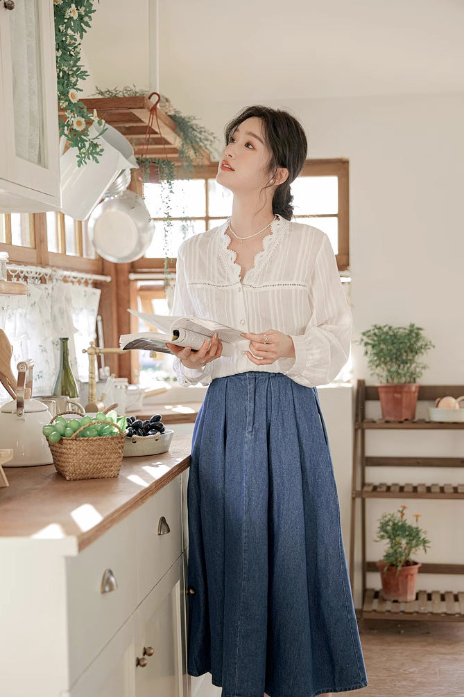 Pleated Denim Midi Skirt (3 Colors)