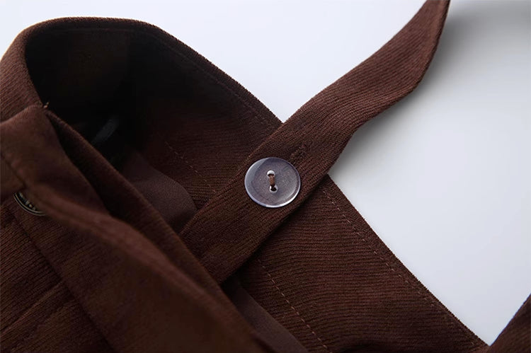 Corduroy Suede Suspender Skirt / Blouse (Brown)