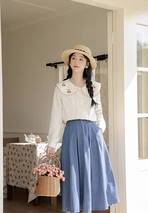 Pleated Denim Midi Skirt (3 Colors)