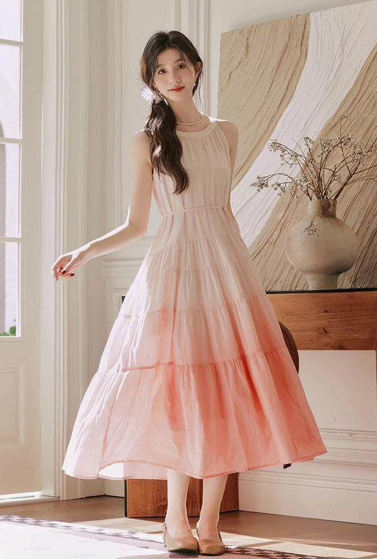 Ombre Halter Trapeze Midi Dress (Pink)