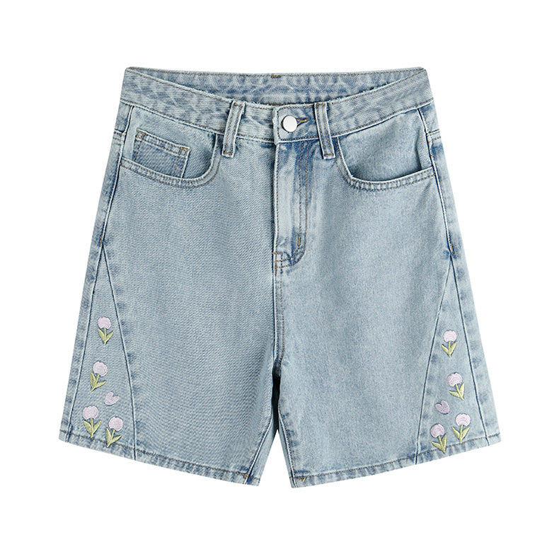 Tulip Tips Embroidered Shorts (Light Denim)