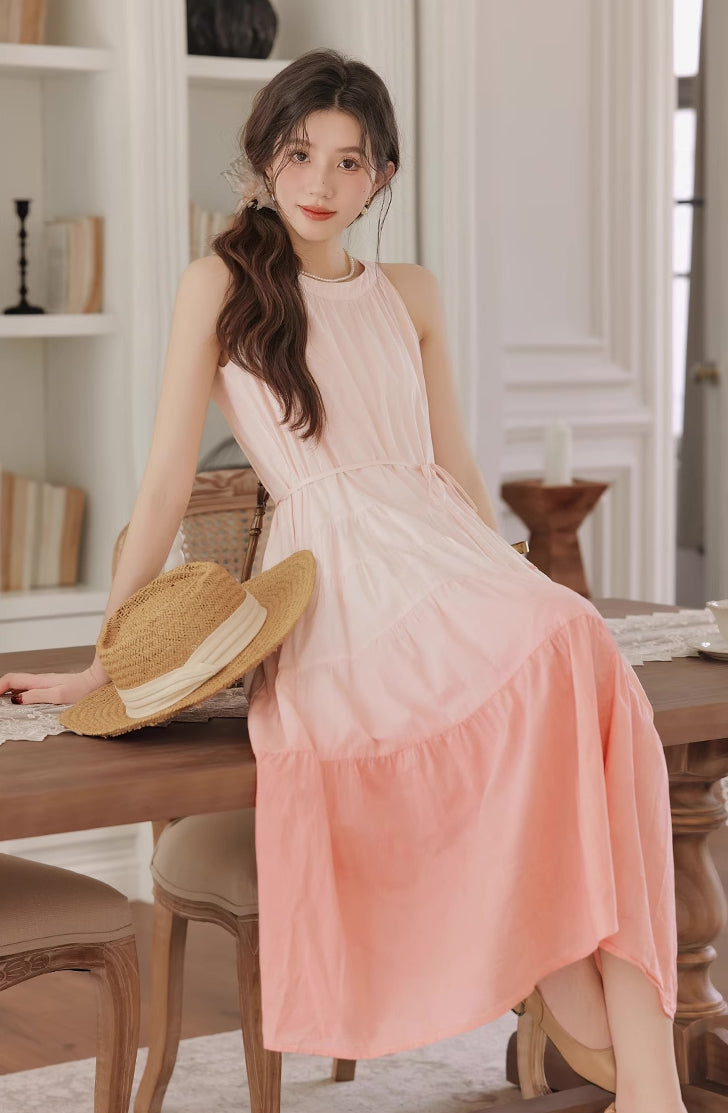 Ombre Halter Trapeze Midi Dress (Pink)