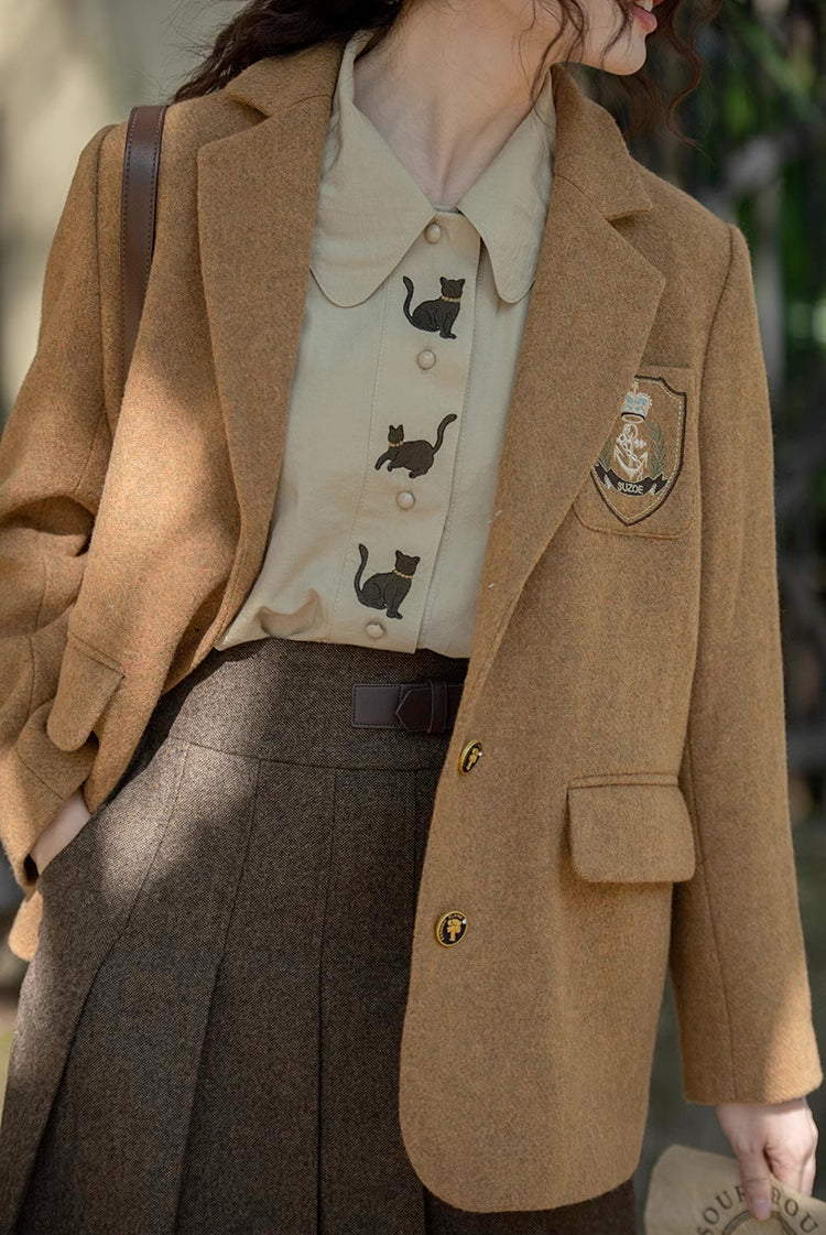 Black Cat Embroidered Blouse (Khaki)