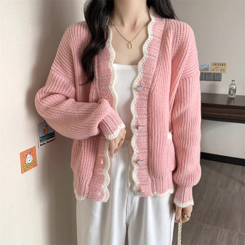 Sweet Heart Scallop Trim Cardigan (2 Colors)