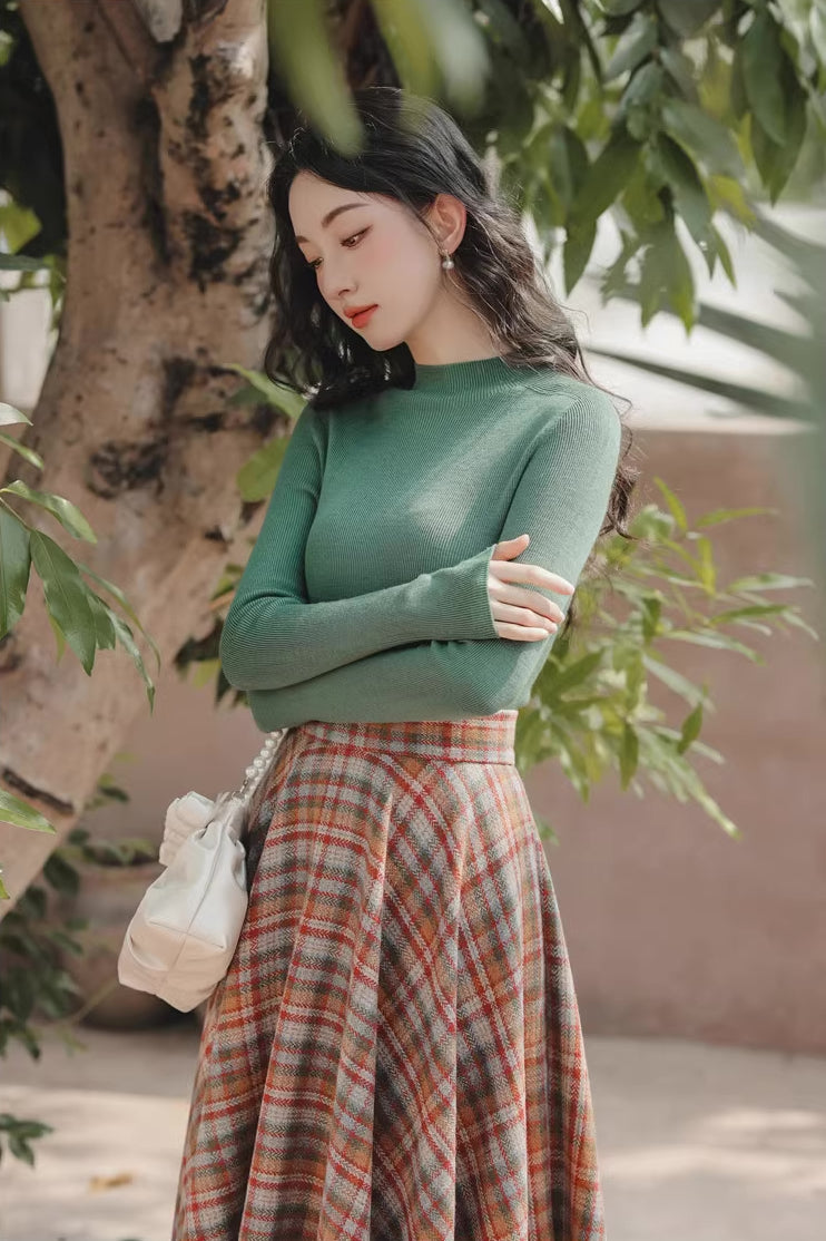 Maple Plaid Midi Circle Skirt (Multicolor)