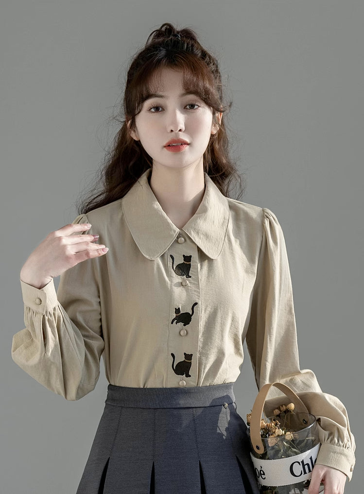 Black Cat Embroidered Blouse (Khaki)