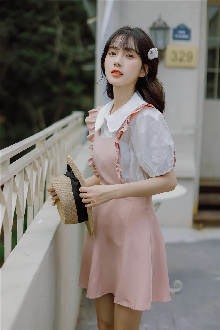 Frilly Mini Apron Pinafore Dress (Pink)