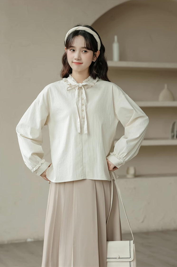 Ruffle Tie Blouse (Beige)