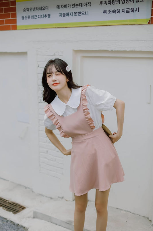 Frilly Mini Apron Pinafore Dress (Pink)