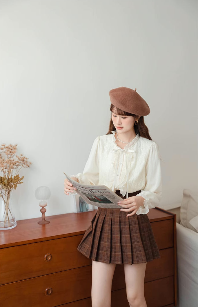 Ruffle Trim Tie Neck Blouse (Cream)
