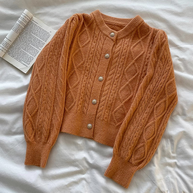 Round Neck Cable Knit Cardigan (9 Colors)