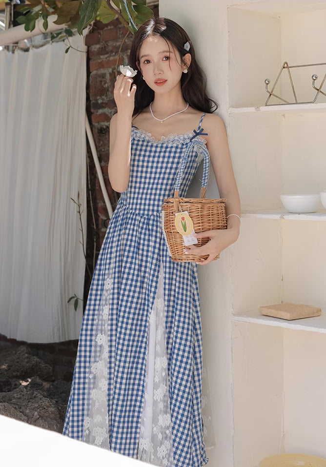 Gingham Lace Cami Maxi Dress (Blue)