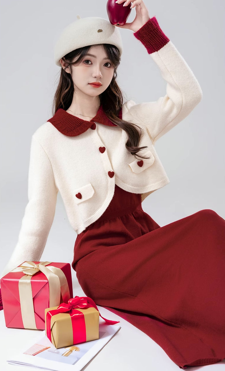 Sweetheart Cropped Cardigan (White/Red)