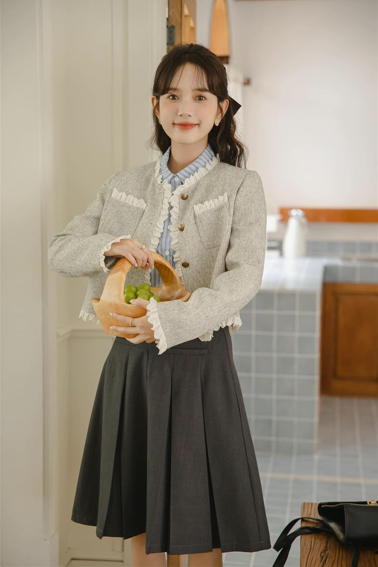 Lace Trim Tweed Jacket (Light Gray)