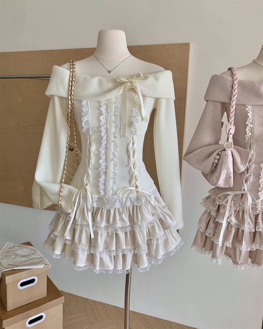 Ballet Lace Knitted Two-Piece Mini Skirt Set (2 Colors)