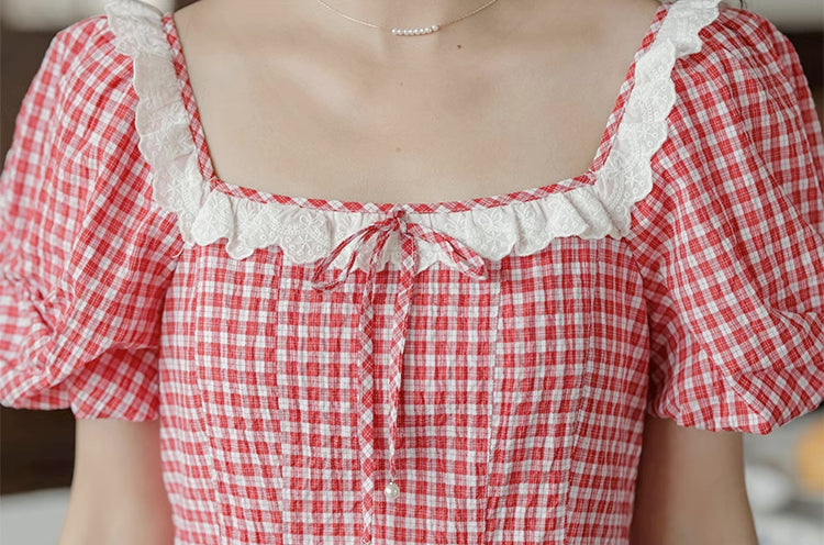 Plaid Puff Sleeve Midi Dress (Red)