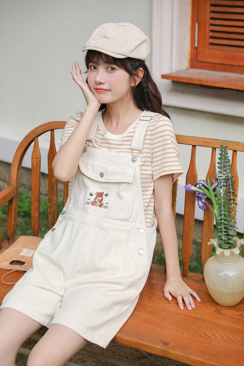 Honey Bear Short Overalls (White)