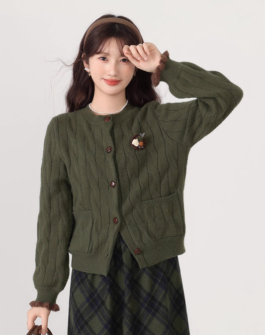 Braided Round Neck Cardigan (Olive)