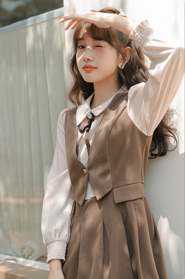 Journalist Waist Coat Dress (Brown)