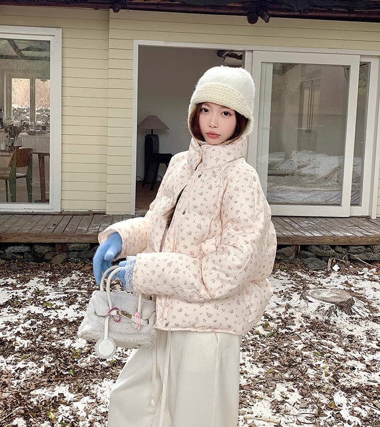 Ditsy Floral Puffer Jacket (Cream/Pink)