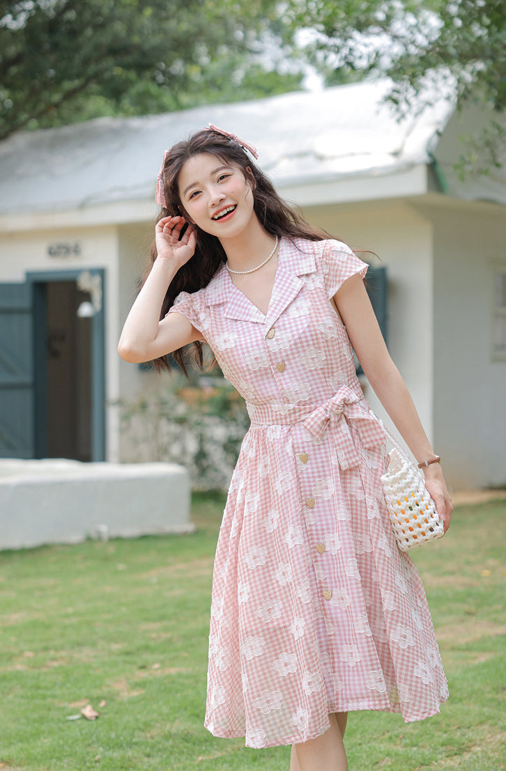 Gingham Daisy Shirt Dress (Pink)