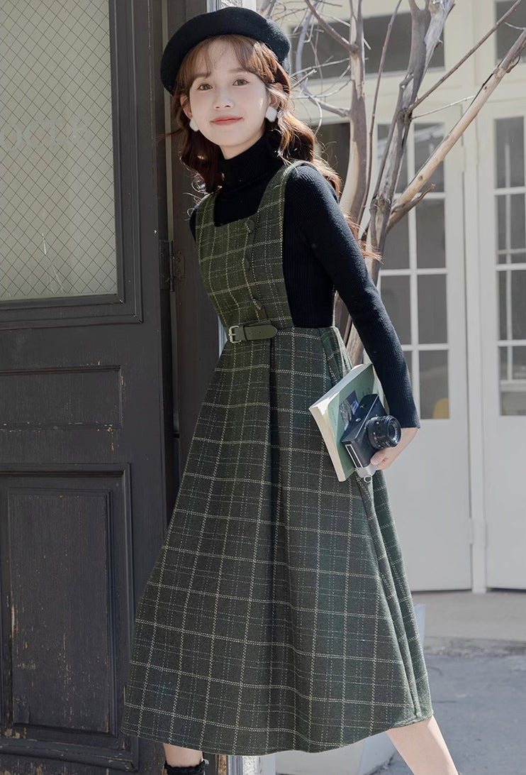 Belted Plaid Pinafore Dress (3 Colors)
