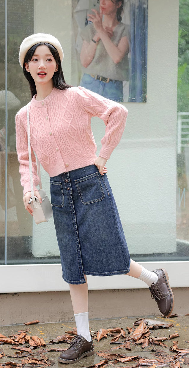 Round Neck Cable Knit Cardigan (9 Colors)