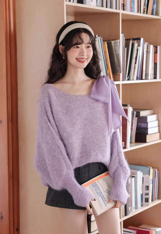 Sequin Off Shoulder Bow Sweater (4 Colors)