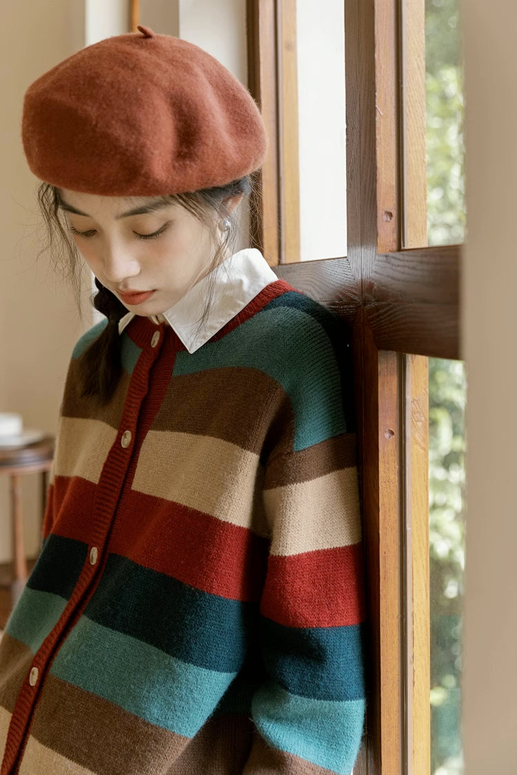 Cozy Stripe Cardigan (Maroon/Teal)