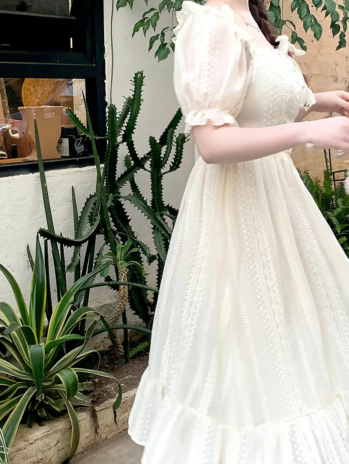 Lace Broderie Midi Dress (Cream)